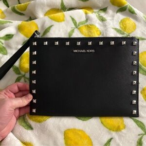 Michael Kors Jet Set Studded Leather Zip Clutch Wristlet Black